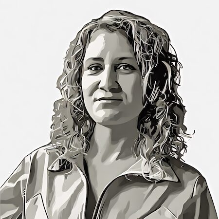 Kim Larkin headshot black and white illustration style headshot of Kim Larkin